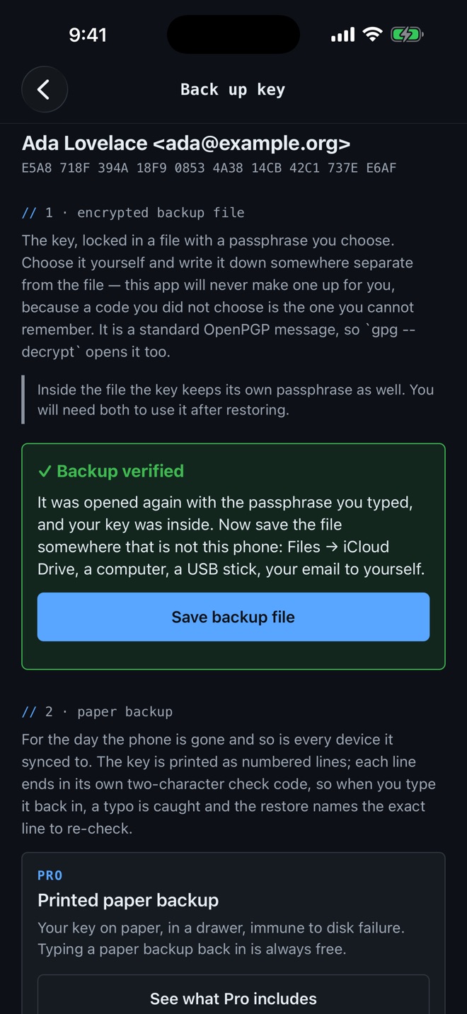 Backup verified: the backup was reopened with your passphrase before saving.