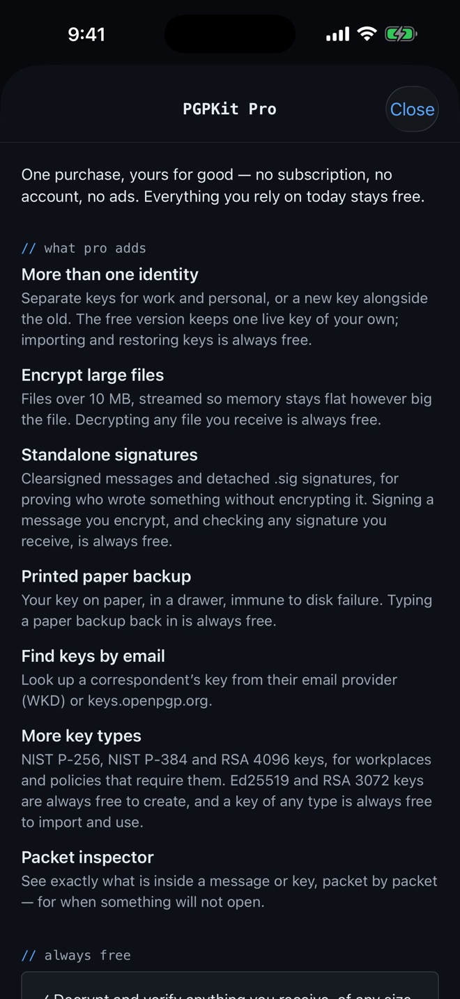 The PGPKit Pro screen listing what Pro adds and what is always free.