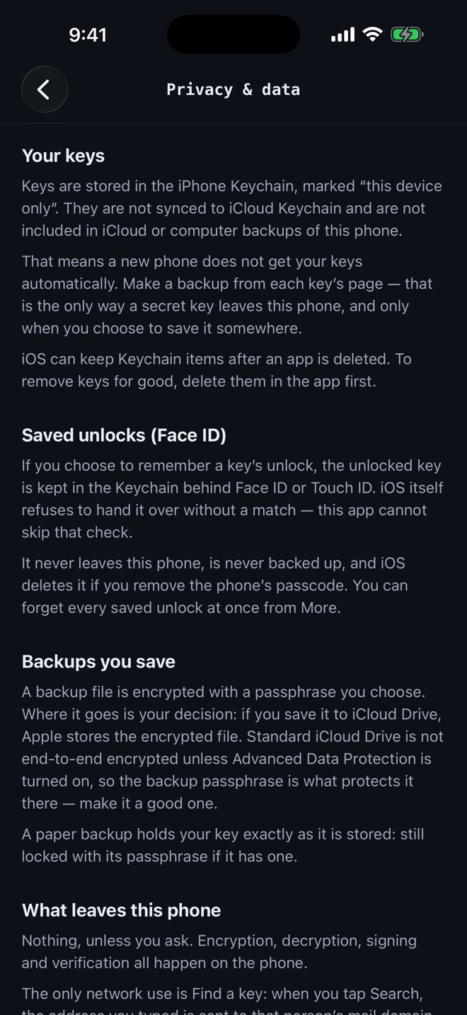 The Privacy and data screen explaining where keys are stored.
