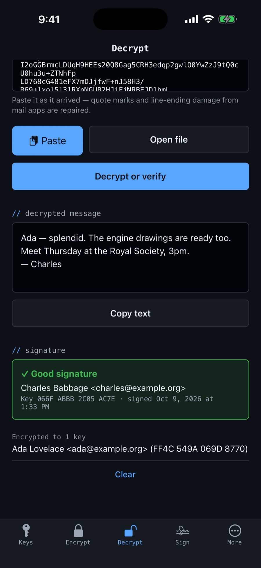 PGPKit showing a decrypted reply from Charles Babbage, with a green Good signature panel.
